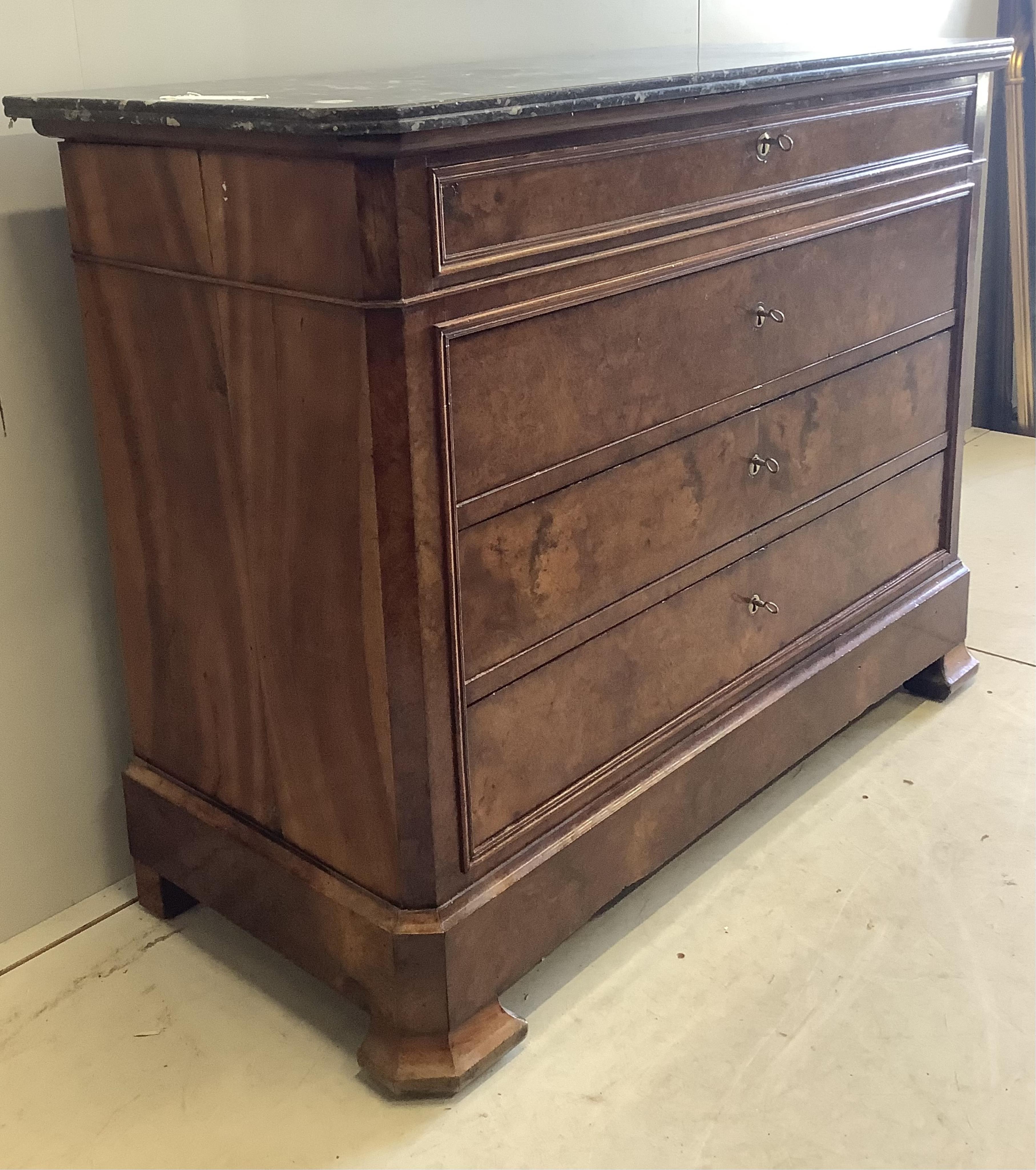 A 19th century French burr walnut marble top four drawer commode, width 127cm, depth 55cm, height 99cm. Condition - good